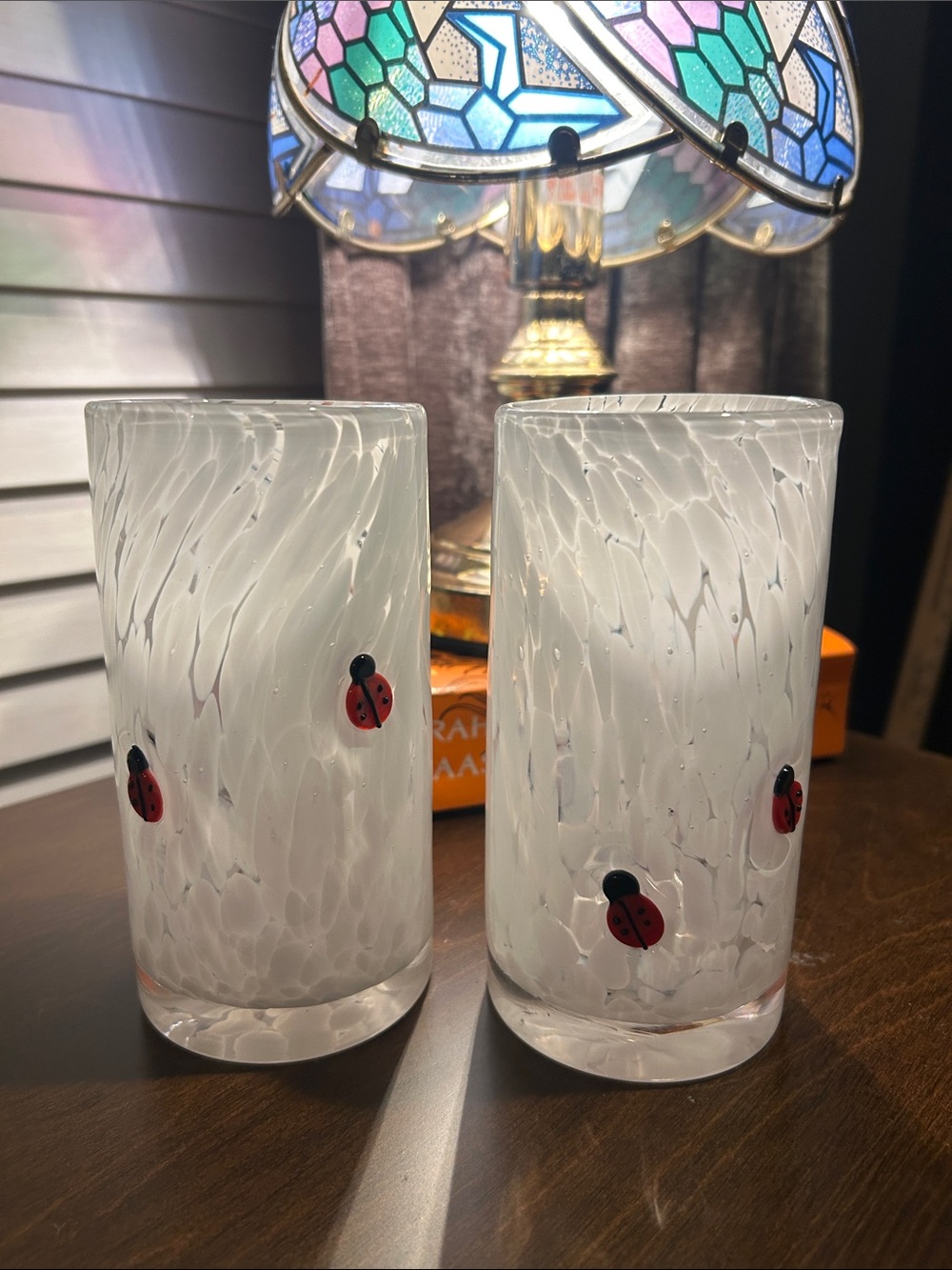 Anthropologie Hand-Blown White Drinking Glass Set with Red Ladybug Accents